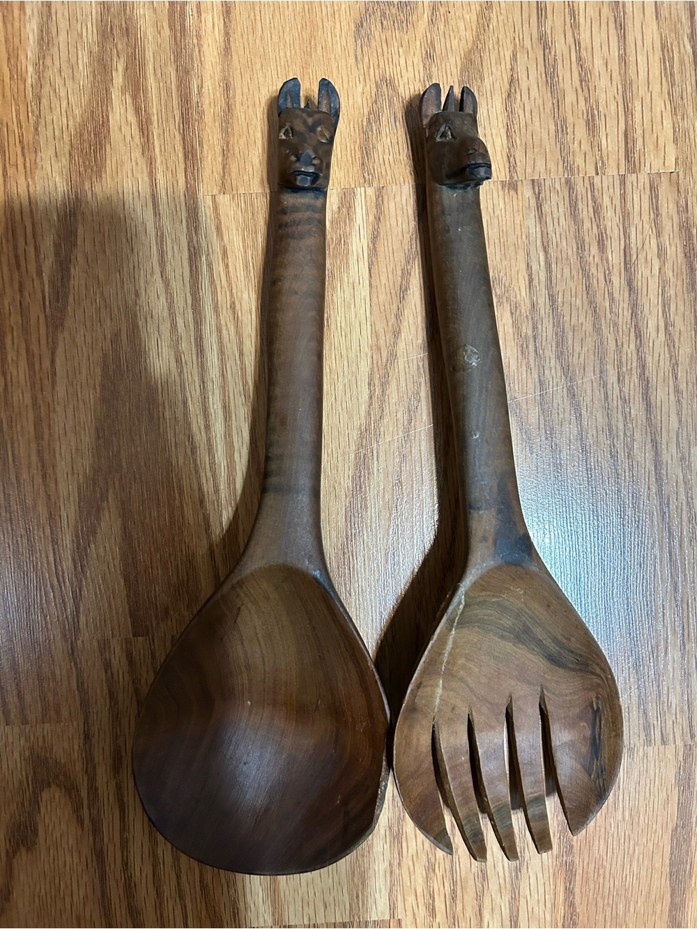 Vintage Hand-Carved African Wooden Salad Servers - Giraffe Finial - Set of 2